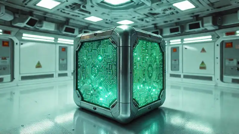 Artefacto cúbico misterioso en entorno de alta tecnología