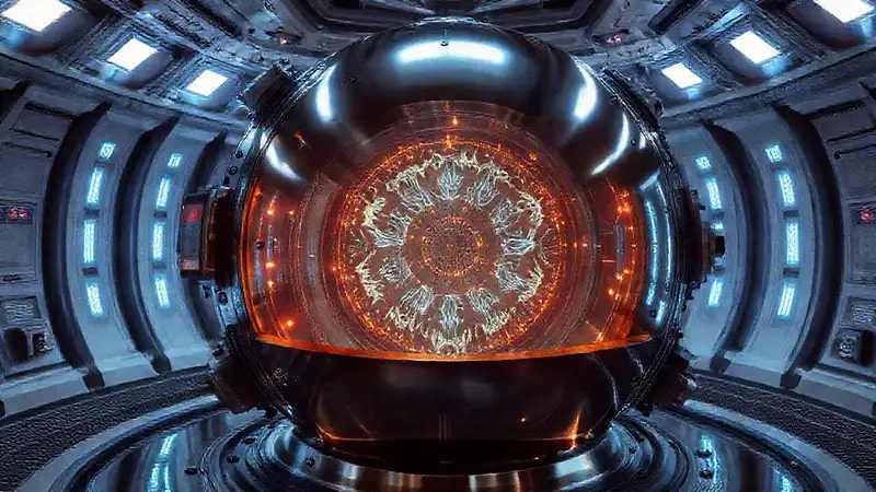 Esfera metálica misteriosa en contenedor futurista