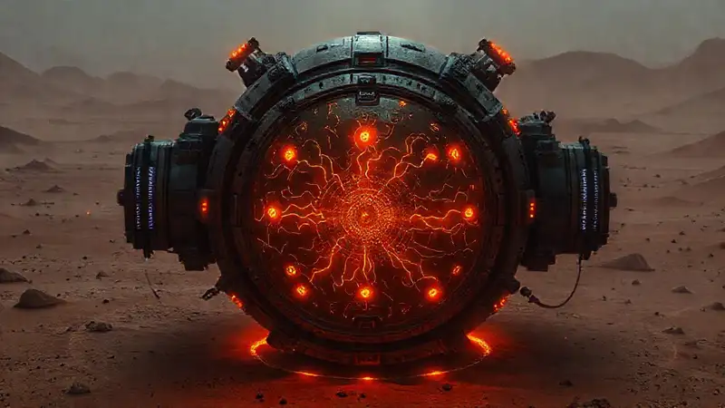 Esfera metálica misteriosa en instalación futurista