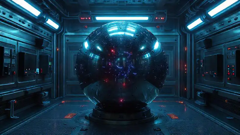 Esfera metálica con runas en entorno futurista