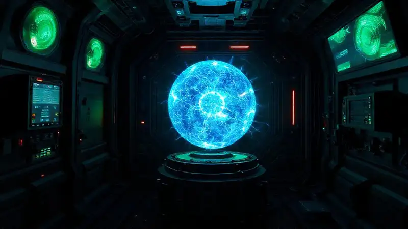 Esfera energética brillante en contenedor futurista