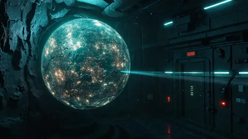 Esfera luminosa misteriosa en contenedor futurista