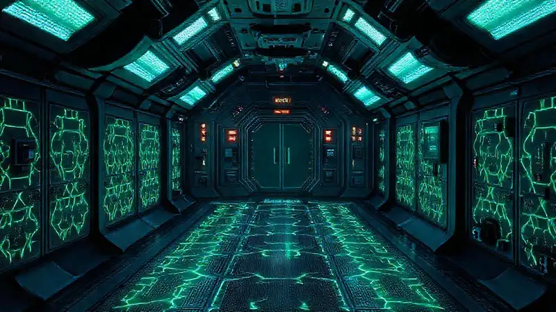 Cámara futurista con runas y campos electromagnéticos
