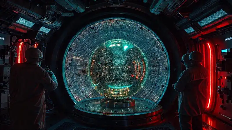 Esfera metálica radiante en laboratorio futurista