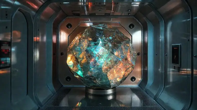 Cámara de contención, cristal iridiscente y oscuro