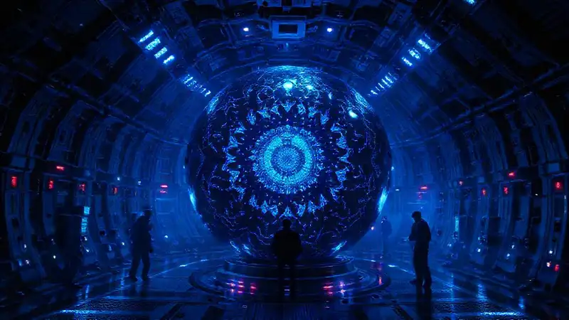 Esfera misteriosa en entorno futurista y tenso