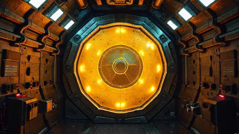 Estructura metálica irradiando gamma en entorno seguro