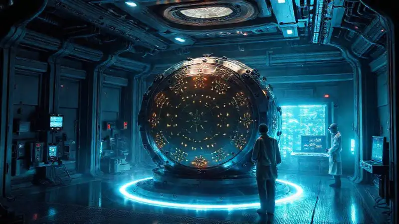 Instalación futurista con seguridad y energía misteriosa