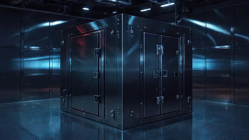 Cámara futurista con estructura metálica y seguridad