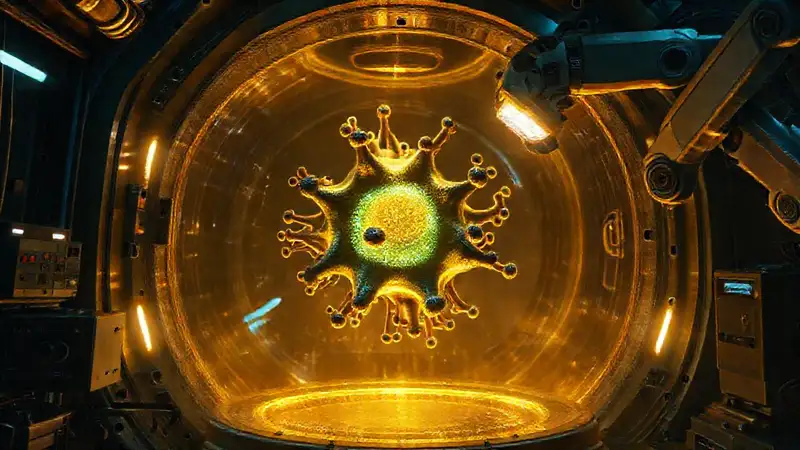 Laboratorio futurista con estructura molecular y seguridad