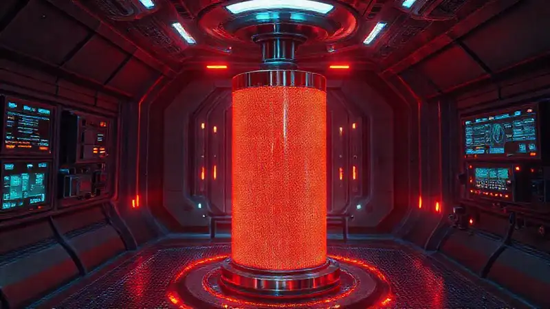Objeto metálico emitiendo calor en laboratorio futurista