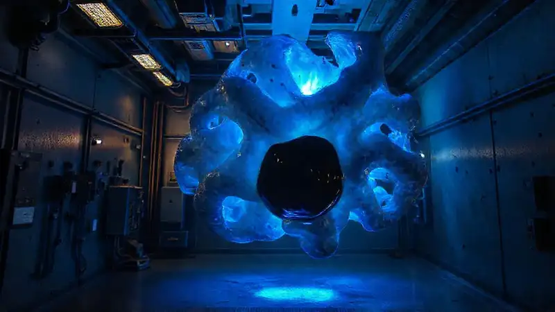 Estructura orgánica con luz azul y núcleo oscuro
