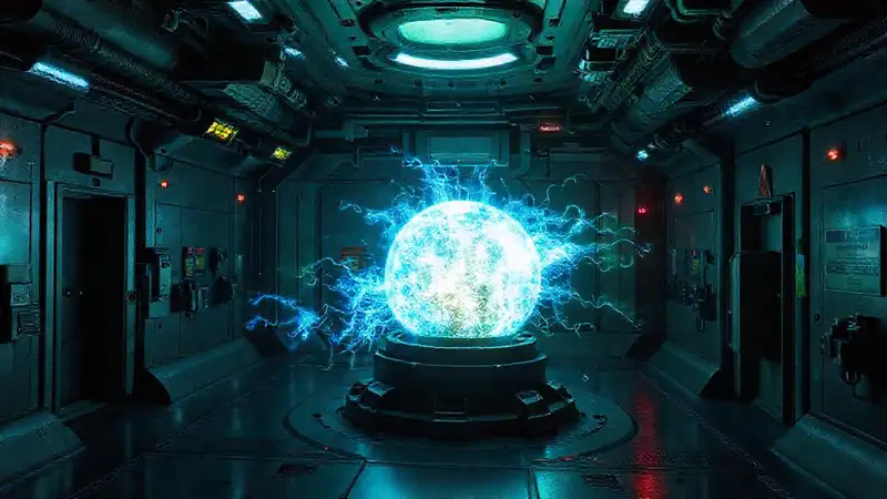 Esfera de energía luminosa en recinto futurista