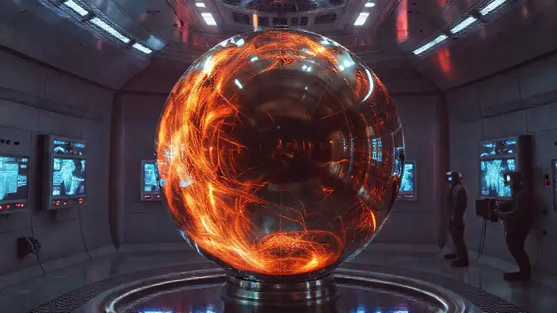 Esfera metálica brillante en entorno futurista tenso