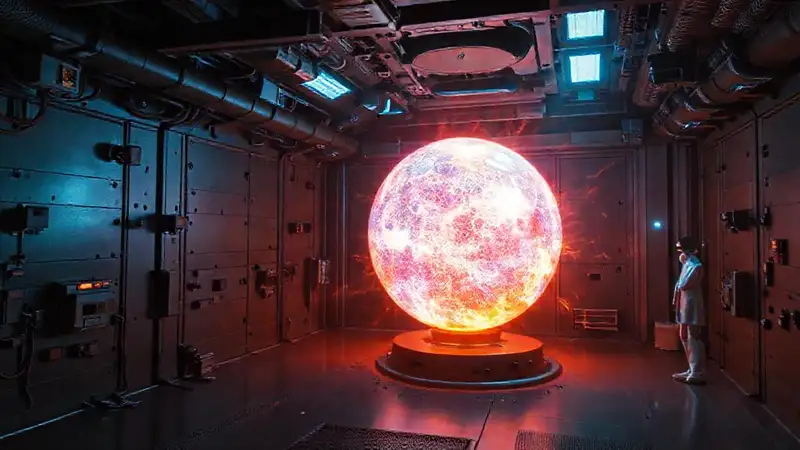 Esfera energética peligrosa en sala clandestina futurista