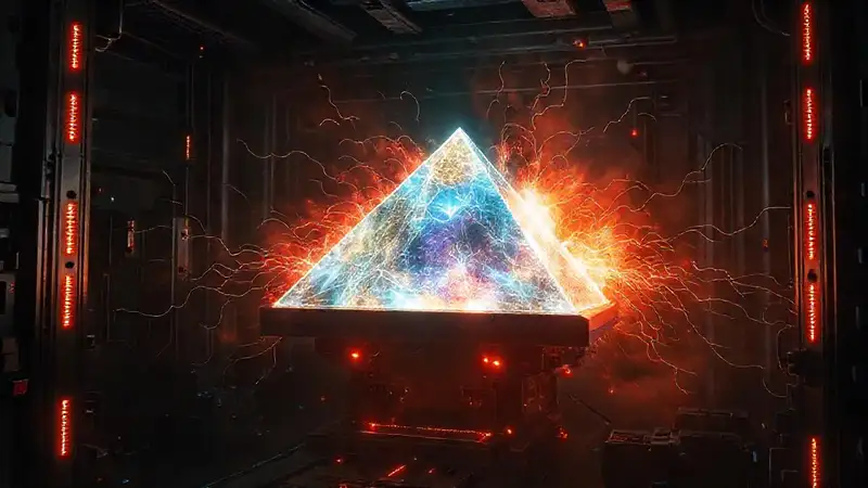 Prisma energético en entorno futurista y peligroso
