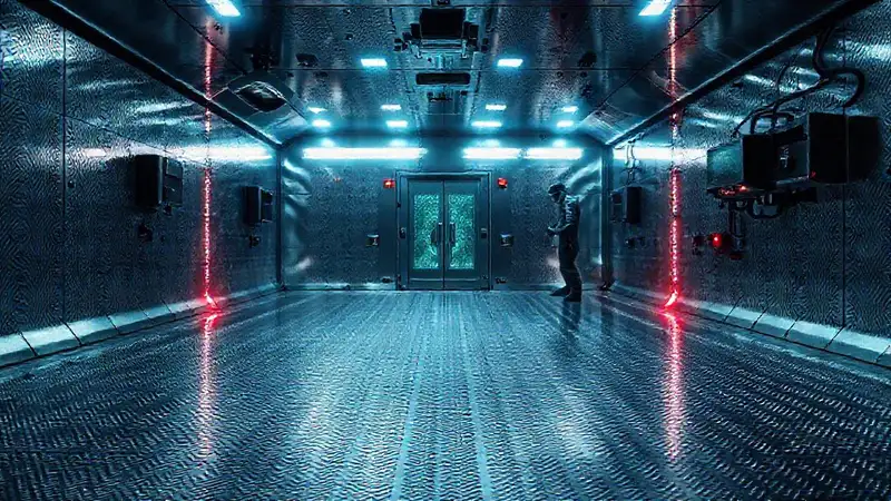 Sala de contención futurista y vigilada