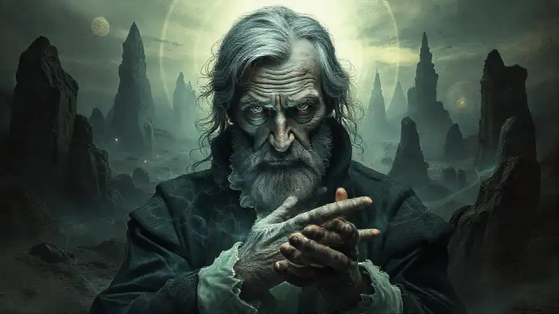 Figura misteriosa en entorno surrealista y enigmático