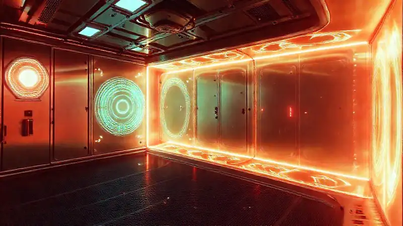 Campo energético en sala tecnológica segura y minimalista
