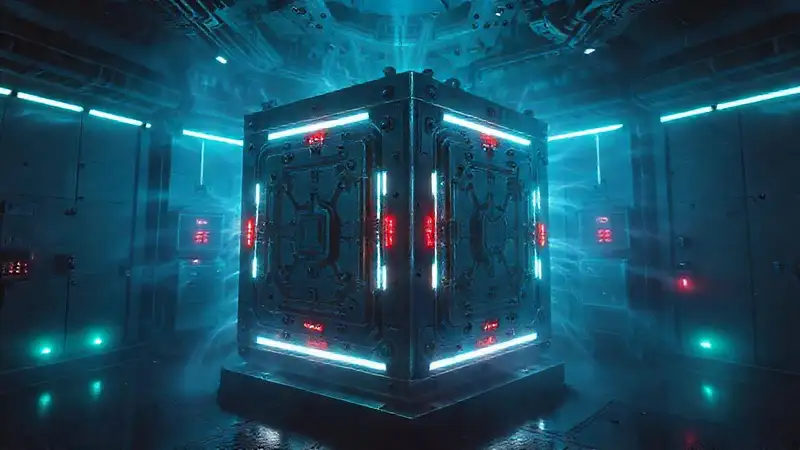Cubo metálico brillante con aura misteriosa y peligrosa