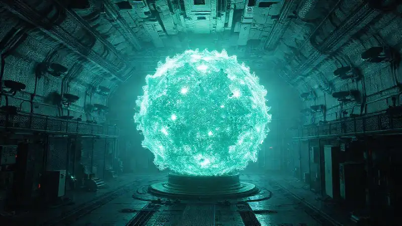 Esfera fractal luminosa en instalación secreta futurista