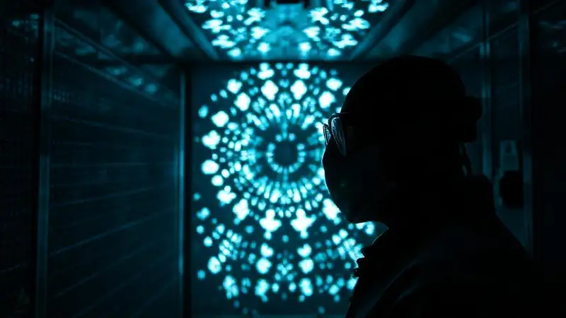 Laboratorio oscuro con patrón fractal misterioso