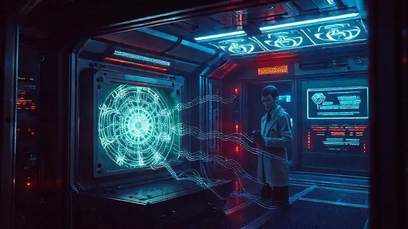 Cámara futurista con dispositivo y energía oculta