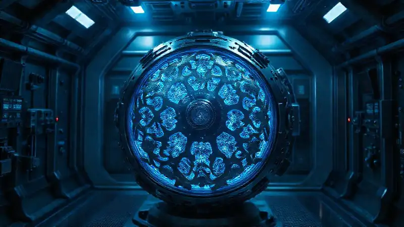Esfera metálica fractal luminosa en encierro