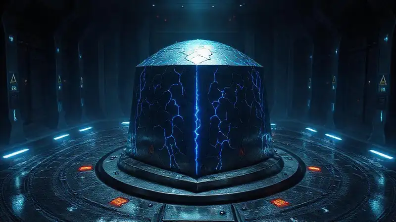 Misterioso monolito metálico en entorno futurista