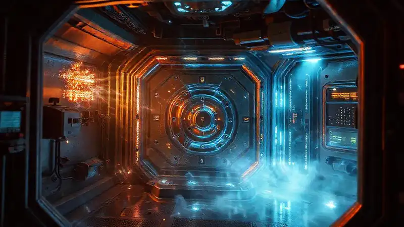 Cámara segura con objeto metálico brillante futurista