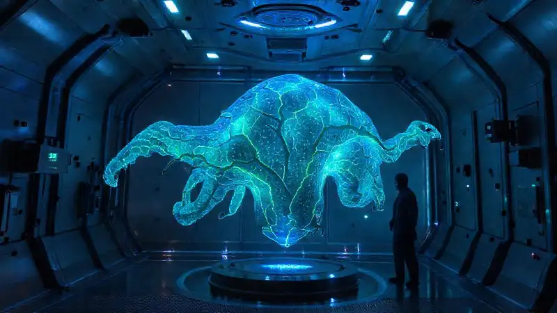 Estructura biomórfica luminosa en entorno seguro