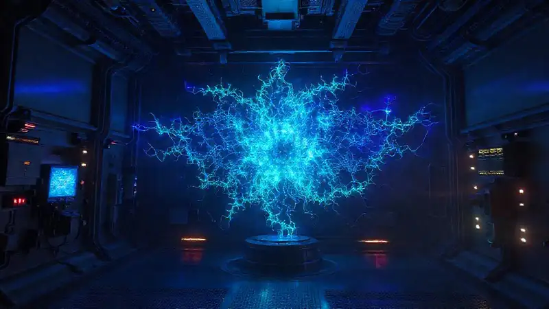 Entidad energética misteriosa en laboratorio futurista