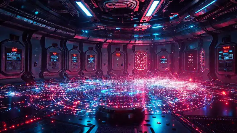 Campo energético futurista en entorno metálico misterioso