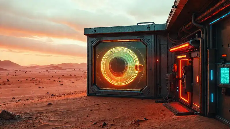 Estructura futurista de contención en desierto misterioso