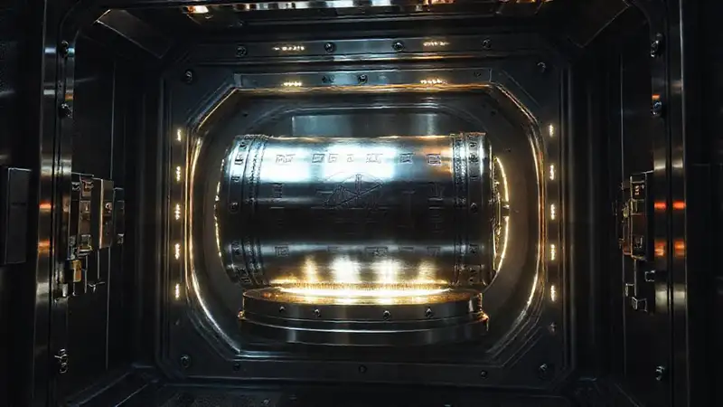 Cilindro metálico seguro en laboratorio futurista