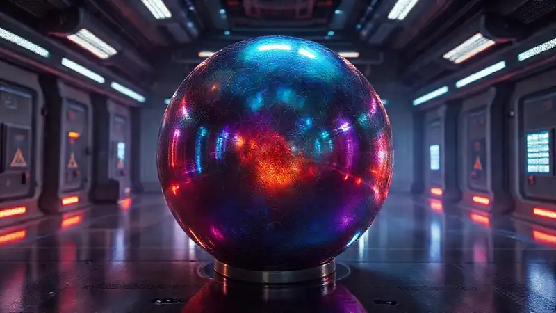 Esfera metálica brillante en laboratorio futurista