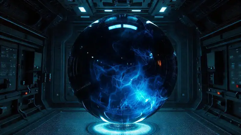 Esfera reflectante en contenedor futurista seguro