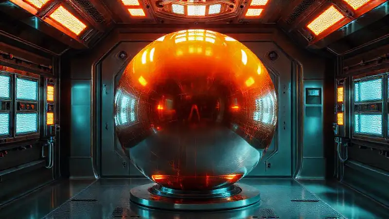 Esfera metálica brillante en contenedor seguro