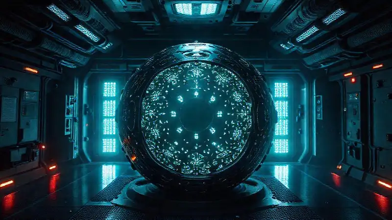 Esfera metálica luminosa en sala futurista segura