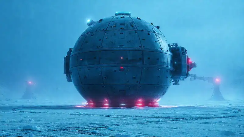 Esfera metálica en paisaje antártico futurista