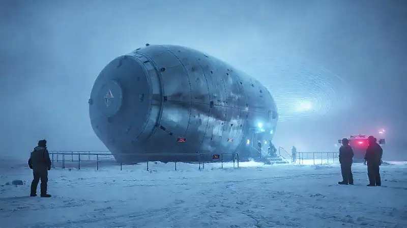 Esfera metálica en base remota, tecnología futurista