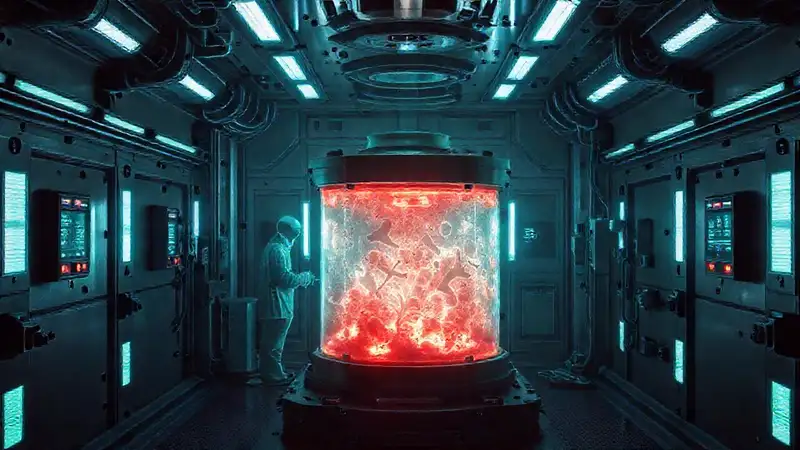 Cámara de contención futurista con riesgo oculto