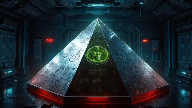 Prisma metálico misterioso en contenedor seguro