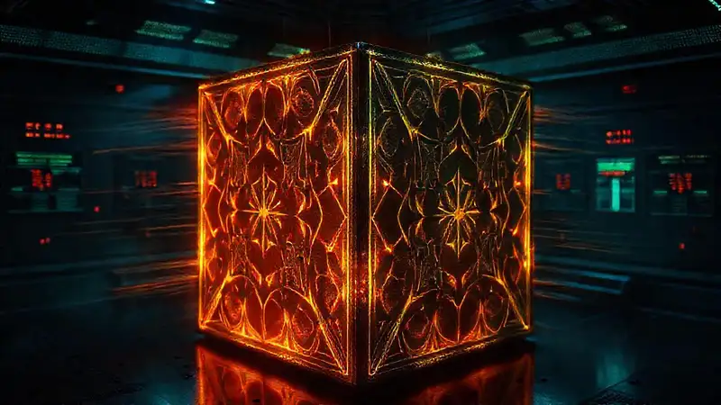 Cubo brillante con patrones y campo electromagnético