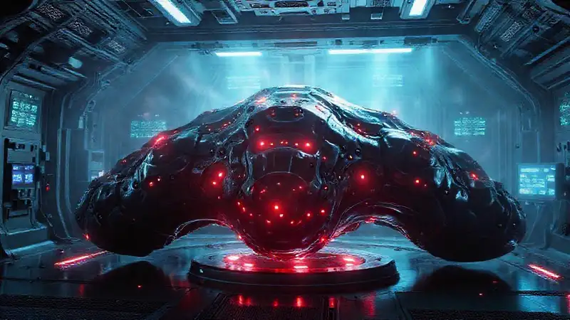 Estructura misteriosa y brillante en entorno futurista