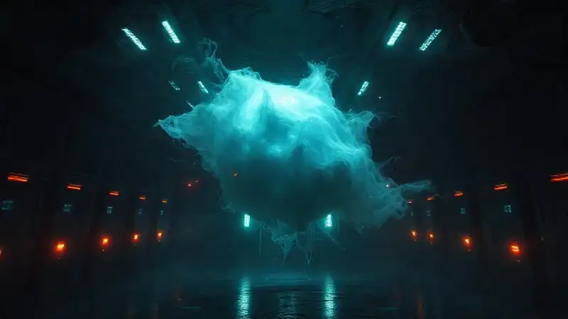 Masa flotante misteriosa en entorno oscuro futurista