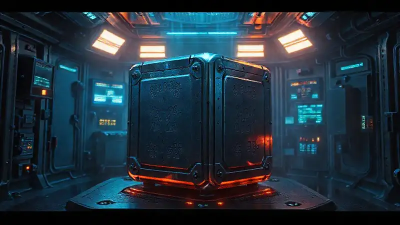 Cubo metálico misterioso en laboratorio futurista