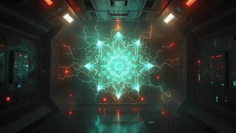 Patrón energético misterioso en cámara futurista