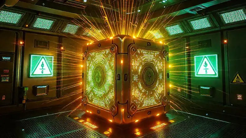 Cubo metálico misterioso en sala segura futurista