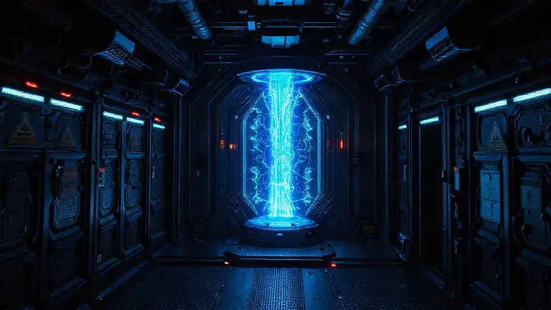 Dispositivo electromagnético brillante en cámara futurista